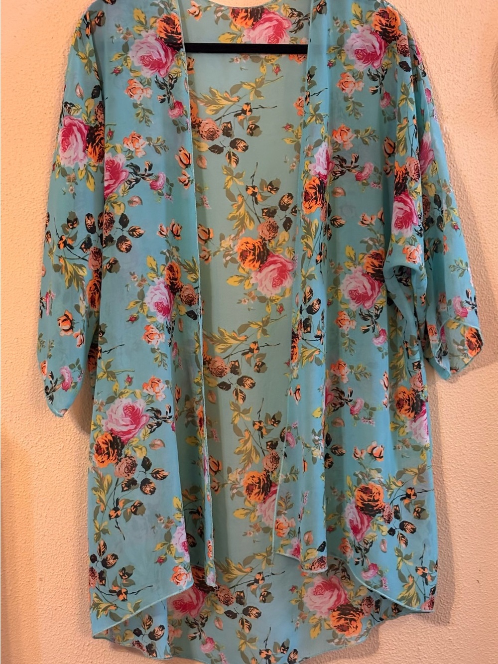 Turquoise Pink Floral Sheer Open-Front Kimono Cardigan One Size